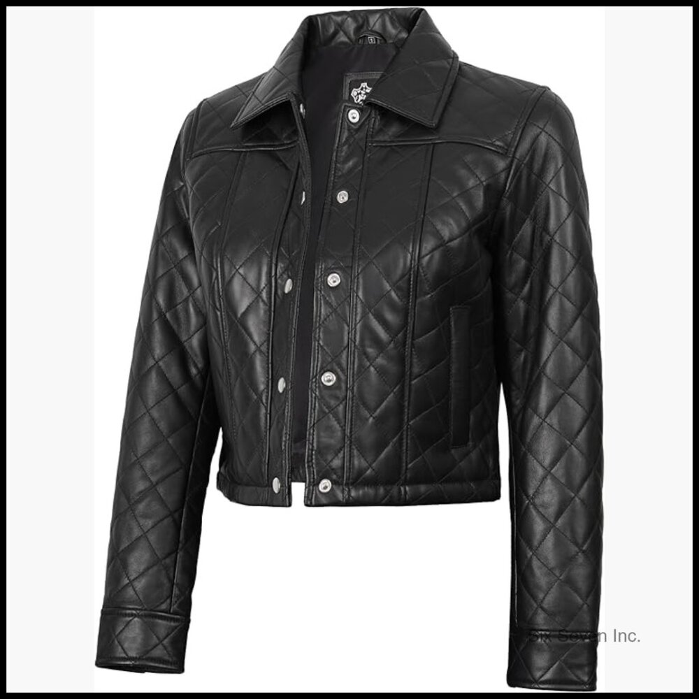 Real Lambskin Leather Cropped Jacket Women's Zip Closure Outer Pockets